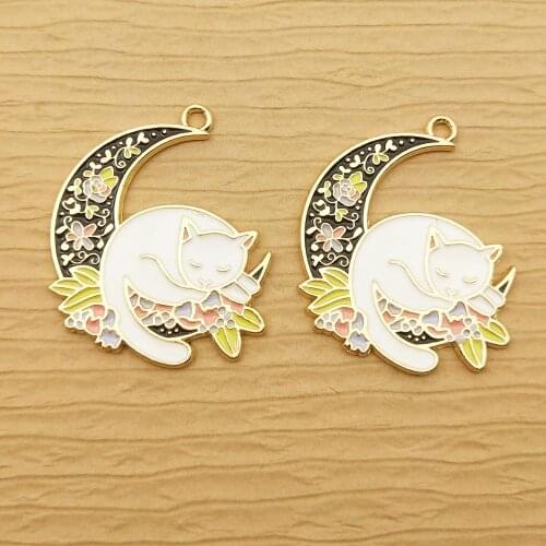 10pcs 27x32mm enamel moon cat charm for jewelry making fashion earring pendant bracelet charm necklace charms diy finding