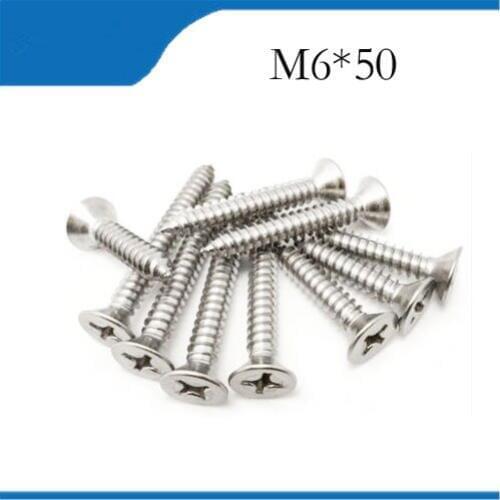 Free shipping 50pcs M6*50 304 Stainless Flat Head Self Tapping Screw Cross Reccessed Countersunk stainless steel bolts,nails
