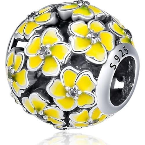 CKK Primrose Flower Metal Beads Fits Women Bracelet 925 Sterling Silver Yellow Enamel Bead Charms Original Silver 925 Jewelry