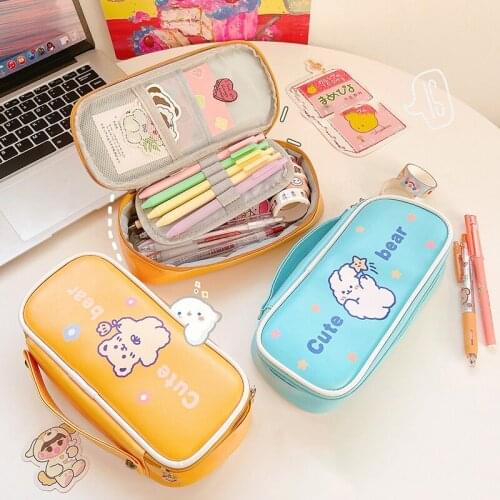 Pu Pencil Case With Handle & Slot Large Capacity Makeup Brush Pen Organizer Pencil Bag For Office 22.5*11*6cm Zipper Closure