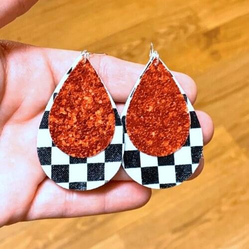 Two Layers Checkered Glitter Earrings Faux Leather Teardrop Earring Double Side Print Bulk Order Wholesale