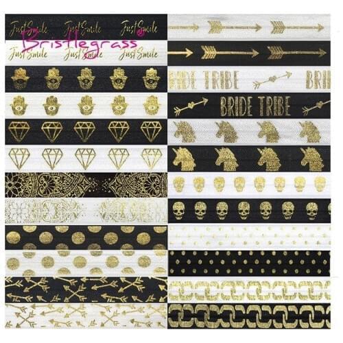 BRISTLEGRASS 2 Yard 5/8" 15mm Rainbow Skull Gold Polka Dot Foil Print Foldover Elastic FOE Spandex Band Hair Tie DIY Sewing Trim