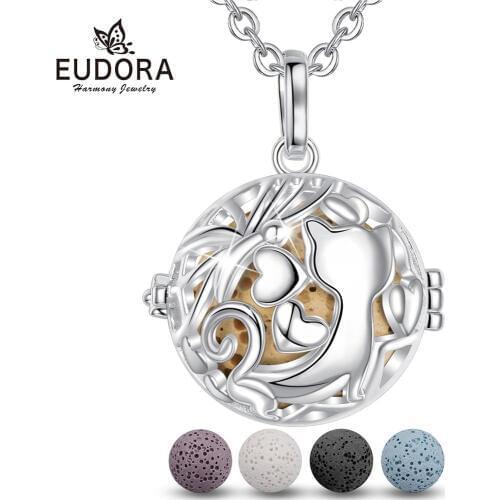 Eudora 20mm colorful Volcanic lava stone ball lovely Cat locket cage pendant Perfume Essential Oil Aromatherapy necklace K371N20