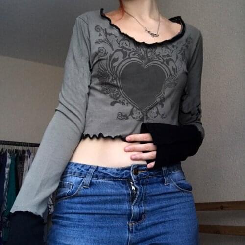 Gothic Heart Floral Graphic T-shirt Y2K Grunge Fairycore Crop Top Long Sleeve Pullovers Frill Kawaii Gray Autumn Tees Women