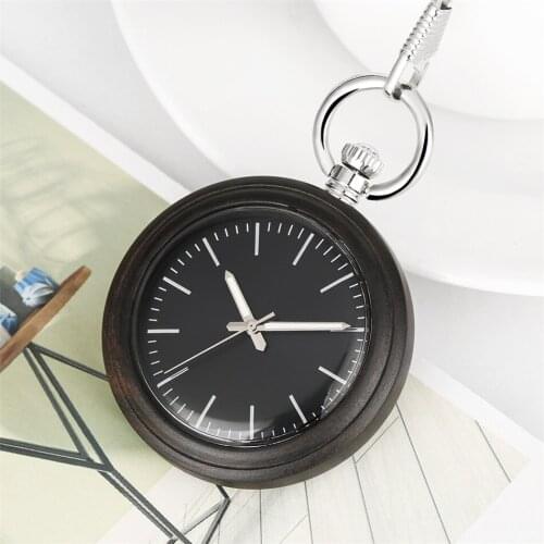 Minimalist Scales Dial Open Face Quartz Wooden Pocket Watch Silver Fob Retro Natural Ebony Pendant Pocket Timepiece Gift