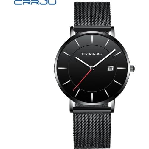 Man Watches CRRJU Mens Fashion Casual Slim Date Quartz Watch Male Luxury Japanese Movement Mesh Strap Watch Relogio Masculino