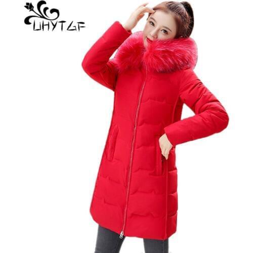 UHYTGF New Womens Winter Coat Slim Korean Woman Cotton fashion Jackets 4XL Plus size Female Warm Big fur collar Parka Coat X531
