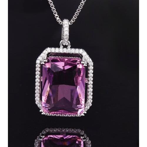 QTT New Trend Shiny Big Pink CZ Pendants Necklace 925 Sterling Silver Charm Chain Women Gorgeous Short Necklace Wedding Jewelry