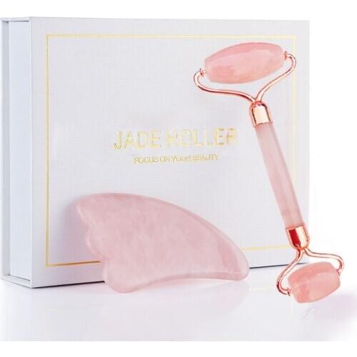 New Slimming Face Massager Lifting Tool Rose Quartz Roller Natural Jade Facial Massage Roller Stone Skin Massage Beauty Care Set