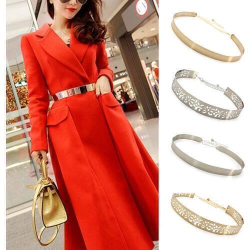 QCasual New Retro Elegant Metal Wide Belt For Women Coat Dress Wild Golden Waistband Wide Waist Chain Luxury Metal Chain Belt