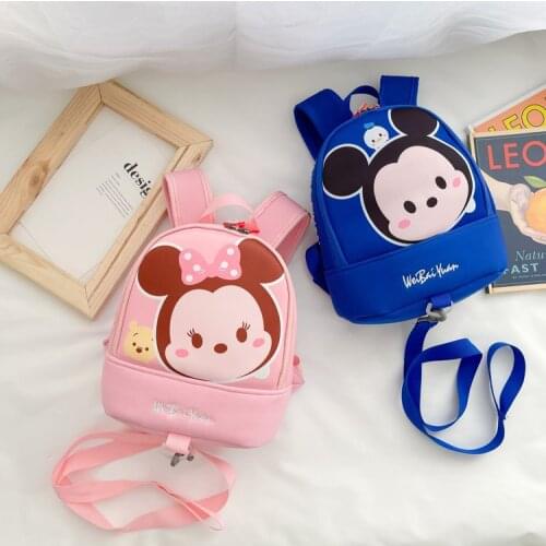 Kindergarten Student Backpack Cute Mickey Minnie Mouse TSUM Pattern Travel Bag Anti-lost Hand Strap Design for 3-8 Years Old