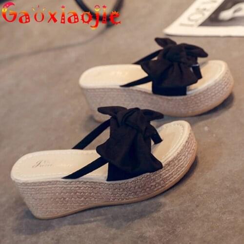 Sandals Female 2021 Summer New Wedge Heel Thick Bottom Non-slip Womens Shoes Bowknot Slippers Fashion Word Drag Outdoor Slipper