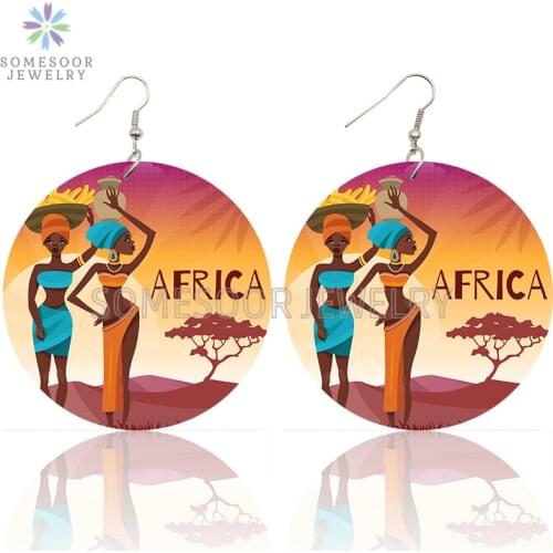 SOMESOOR African Tribal Headwrap Artistic Wooden Drop Earrings Afrocentric Ethnic Tradition Design Loops Jewelry For Women Gifts