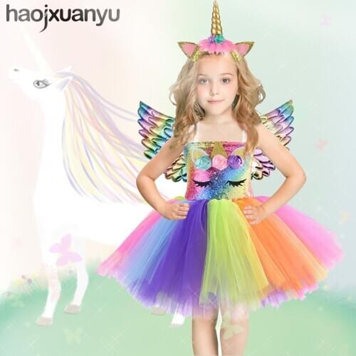Mesh Unicorn Tutu Princess Flowers Dresses for Girls Can Add Headwear Wings Halloween Cosplay Costume for Unicorn Birthday Party