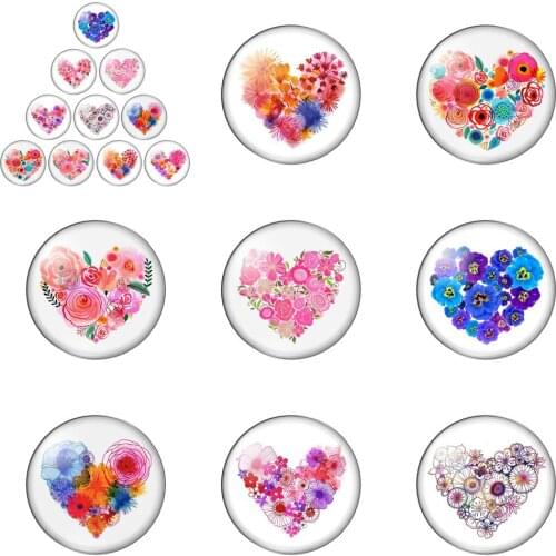 New Flower Love Heart Colourful Pattern 12mm/20mm/25mm/30mm Round Photo Glass Cabochon Demo Flat Back Making Findings
