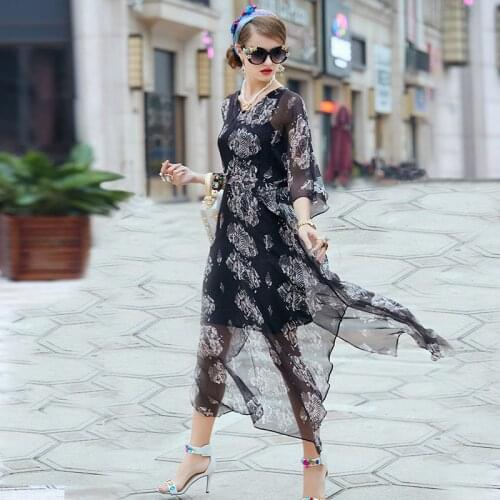 High Quality 100% Silk Summer Dress 2021 Elegant Maxi Dresses for Women Casual Floral Dress Two-piece Vestido De Mujer Pph4154