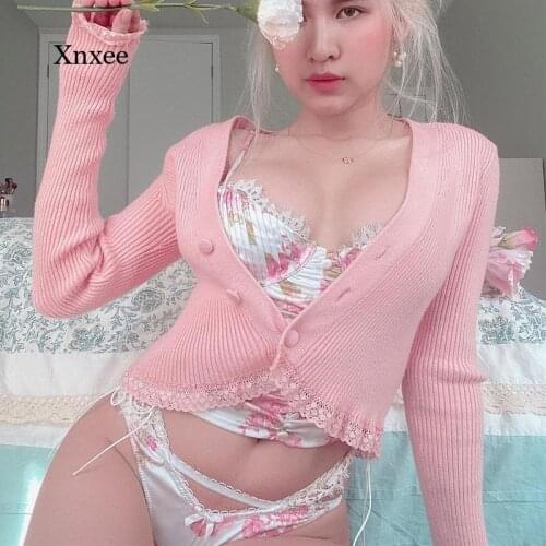 Y2K Long Sleeve Lace Sweater Sweet Crop Tops Knitwear Women Autumn V Neck Knitted Cardigans Harajuku Solid Outwear Shirt Clothes