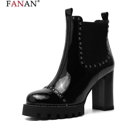 FANAN High Heels Boots Platform Sexy Shoes For Women Rivet Round Toe Slip On Ankle Boots Black Patent Leather Woman Worker Boots