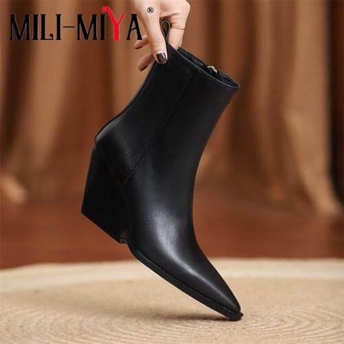 MILI-MIYA Elegant Women Chelsea Ankle Boots Pointed Toe High Quality Leather Casual Chunky Heels Zip Fashion Party Dress Shoes