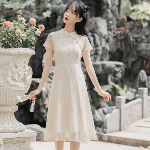 Young Elegant Cheongsam Women Improved Vintage Cheongsams Vestido Ladies Short Sleeved Chic Lace Dresses Summer 2021 New