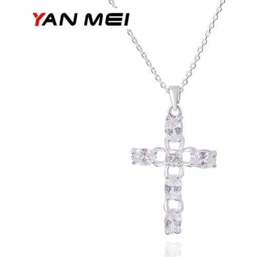 YAN MEI Top Round Stones Clear Cubic Zirconia Necklace Crystal Brand Cross Pendant Women Men Jewelry GLD0342