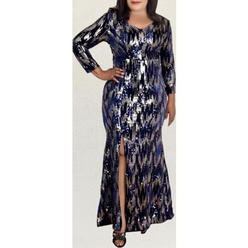 Europe America New Autumn Nice Sequins Split Fork High Waist V-neck Long Sleeve Womens Dress Mermaid Fashion Temperament