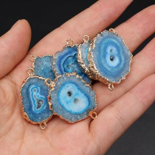 1PC Natural Stone Connector Pendant Round Agates Blue Double Hole Charm for Jewelry Making DIY Necklace Bracelet 15x20-20x30mm