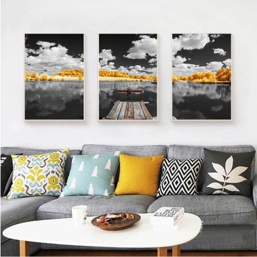 Black White Scenery Painting Nordic Canvas Painting Lake Golden Tree Poster Art Print Living Room Backdrop Decor Home Picture