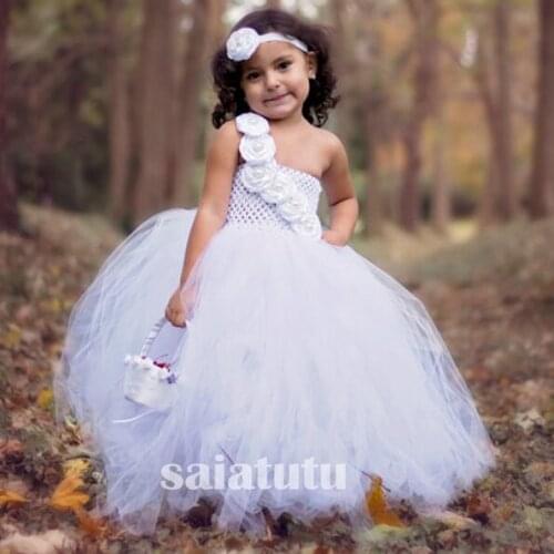 Flower fairy Girls New Year Princess Wedding Gown Kids Dresses Tutu Party Birthday Children White Dress Christmas Vestido