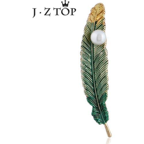 Jztop Vintage Colorful Feather Imitation Pearl Brooch Woman Elegant Leaves Metal Collar Lapel Pins Brooches Wedding Jewelry