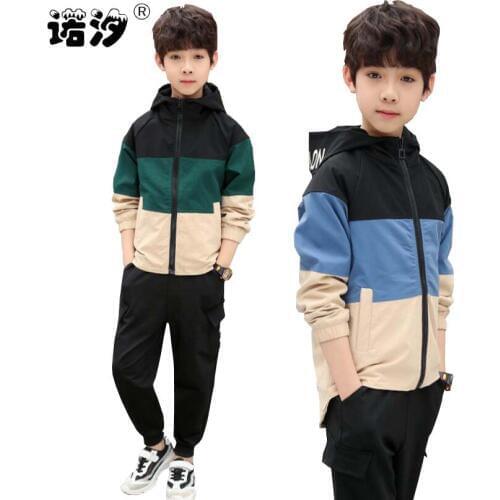 Boys costume sets 110-160cm kids spring warm jacket teenage sport clothes set children hooded coat+pants 2pcs Fall active sets