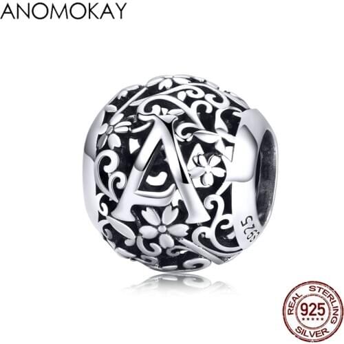 Anomokay Vintage 925 Sterling Silver Alphabet Letter A Round Beads fit Name Customied Bracelet 925 Silver Charm for DIY Jewelry