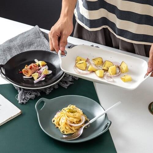 Nordic Matte Ceramic Plate Double Ear Household Plate Dim Sum Baking Plate Red Western Plate Square Plates Set Diner Plate