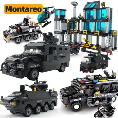 City Police Station Car Armor SWAT Helicopter Armoured Truck Ship Vehicle Model Building Blocks Kit Boys Toys Children Kids Gift