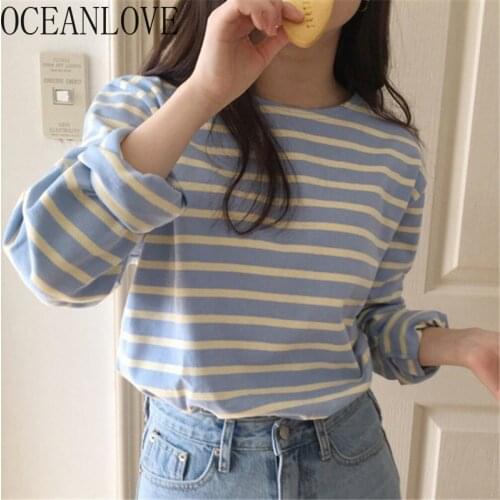 OCEANLOVE Striped All Match Fashion T Shirt Women Long Sleeve Casual Korean T-shirt 2020 Spring Student Ropa Mujer 15291
