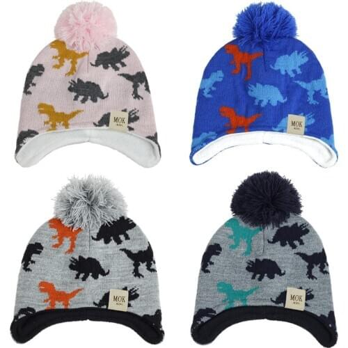 Autumn Winter Baby Knitted Pompon Hat Warm Dinosaur Jacquard Ear Cap Childrens Woollen Hat Newborn Baby Girl Crochet Beanie Cap