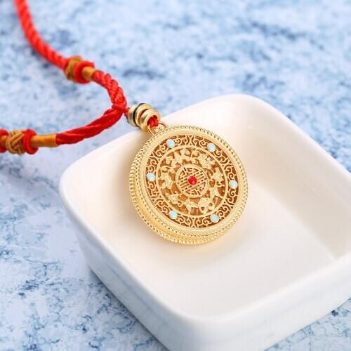 Natural south red enamel porcelain hollow Pendant Necklace Chinese style retro unique ancient gold craft CHARM Silver Jewelry