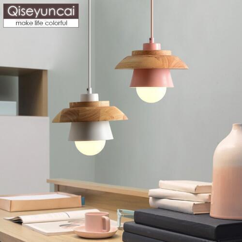 Qiseyuncai Nordic style color three-headed restaurant chandelier log simple single head bar dining room lighting free shipping