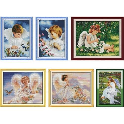 Joy Sunday Stamped Cross Stitch Kit Embroidery Angel on Greenery 11CT 14CT Counted Printed Needlework Home Decoration Craft Sets