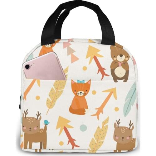 Boho Cute Animals Lunch Bag Portable Insulated Thermal Cooler Bento Lunch Box Tote Picnic Storage Bag Pouch
