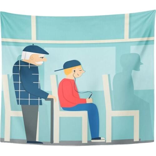 Old Good Manners Retired Man in The Bus to Give Way Elderly Person Tired and Young Boy with Player People Tapestry Home Decor