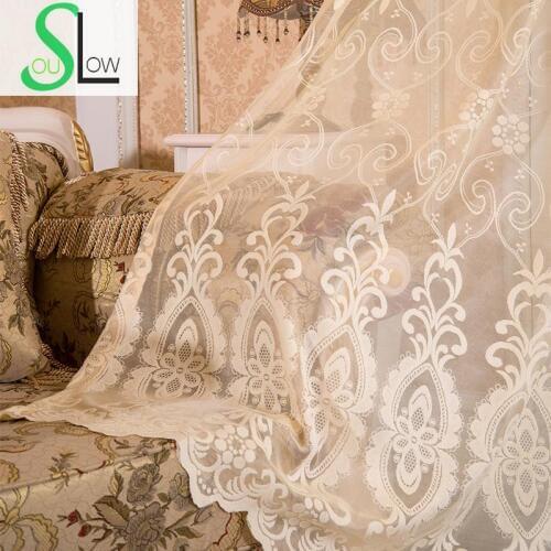 Slow Soul Beige Coffee White Curtain Jacquard Lace High Grade European Tulle Curtains For Living Room Kitchen Sheer Blinds