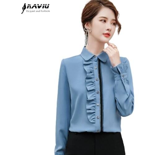 Ruffles Blue Shirt Women Spring 2021 New Fashion Formal Long Sleeve Chiffon Slim Blouses Office Ladies Temperament Work Tops