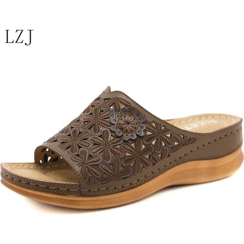 2021 Summer Shoes Woman Sandals Hollow Round Toe Ladies Sandals Floral Ankle Beach Shoes Soft Bottom Sandalia Feminina Plus Size