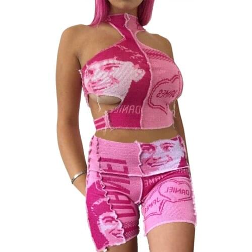E-girl Pink Two Piece Knitted Set Y2K Aesthetic Hollow Out Crop Top And Letter Print High Waist Shorts Women Outfits Tracksuits