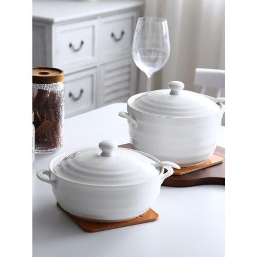 1.2L 2.2L Ceramic Soup Pot Nordic White Pure Color Round with Cover Bowl Tableware Household Kitchen Supplies Cooking Utensils