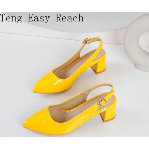 2021 Summer Patent PU Leather Plus Size Women Shoes 43 45 Slingback Sexy Yellow Fuschia Woman Chunky Heels Sandals