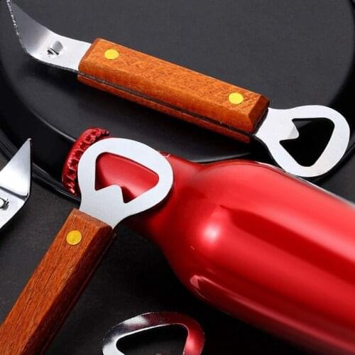 7 Pieces Bottle Opener Stainless Steel Can Openers Dual-Sided Manual Punch Opener with Riveted Wood Handle