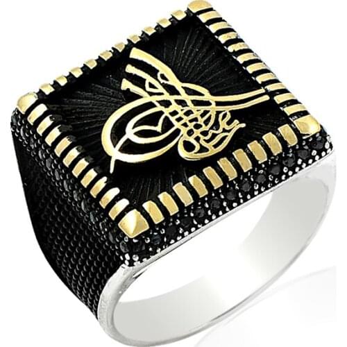 925 Silver Old Style Ottoman Flag Printed Ring for Men