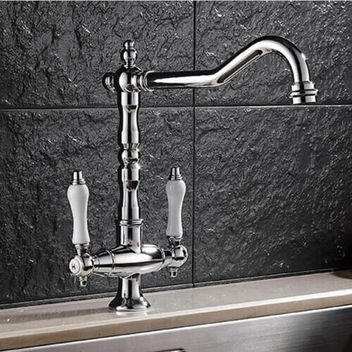 Free Shipping Europe style brass chrome kitchen faucet Dual Ceramic Handle swivel kitchen sink mixer luxury wash basin faucet